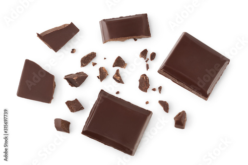 piece of chocolate isolated on white background with clipping path. . Top view. Flat lay.