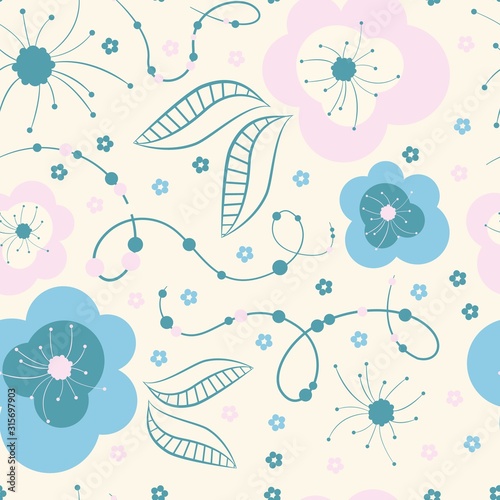 Abstract seamless pattern of flowers in pastel colors. Cute floral textured background. Wallpaper  wrapping paper  print.
