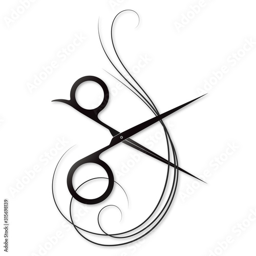 Scissors with curls of hair a unique silhouette for beauty salon