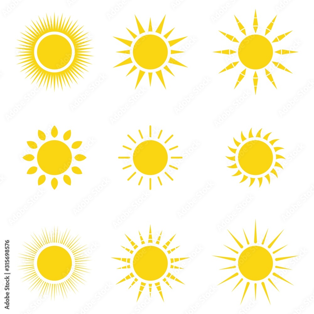 Set of orange and yellow sun icons, vector Illustration Set of orange and yellow sun icons, vector Illustration