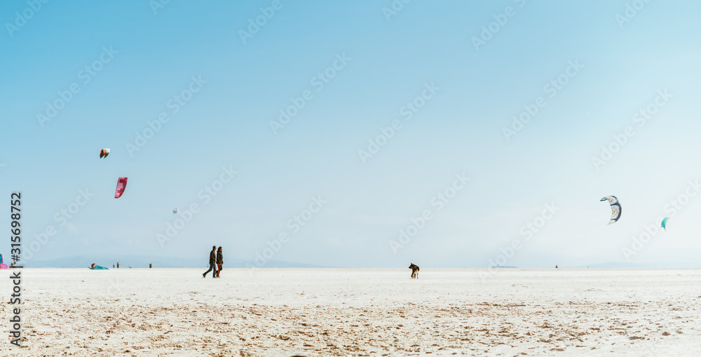 Obraz premium the landscape is a semi-desert beach, kites fly in the distance and figures of three people are visible