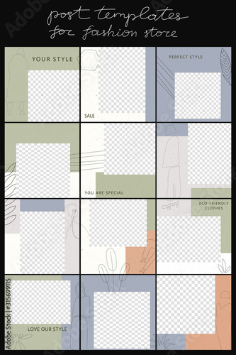 Modern design backgrounds for social media banner. Set of instagram post frame templates. Mockup for personal blog or shop. Layout for promotion. Endless square puzzle. Vector