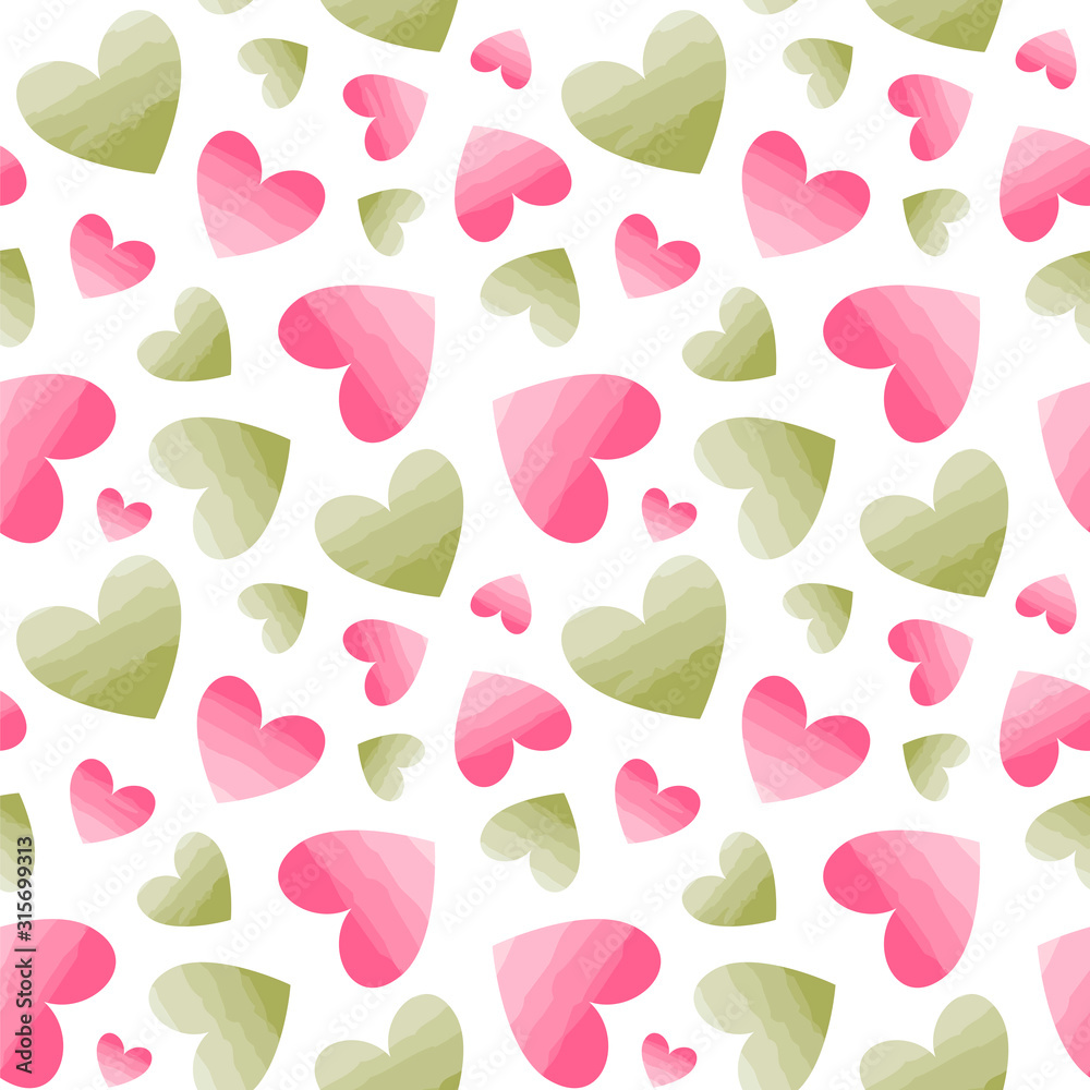 Seamless vector pattern with green and pink hearts. Illustration with watercolor effect. Seamless vector pattern with green and pink hearts. Illustration with watercolor effect.