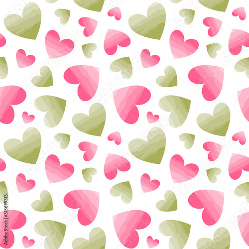 Seamless vector pattern with green and pink hearts. Illustration with watercolor effect.