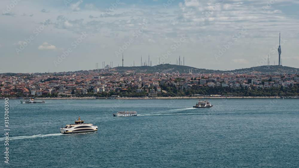 Beautiful panoramic view of Istanbul on a clear day. Ship at sea.