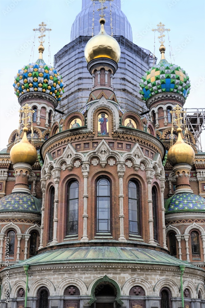 The magnificent facade of the Orthodox Church of the Savior on Spilled Blood in St. Petersburg, Russia.