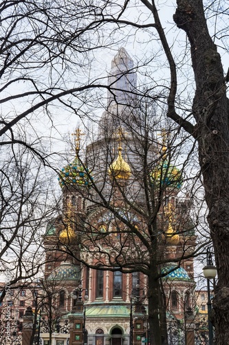St. Petersburg, Russia, December 2019. View of the Ascension Cathedral through the trees of the park.