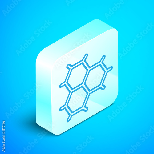 Isometric line Chemical formula consisting of benzene rings icon isolated on blue background. Silver square button. Vector Illustration