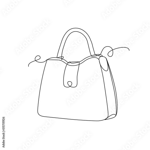 Elegant woman bag one line drawing on white isolated background