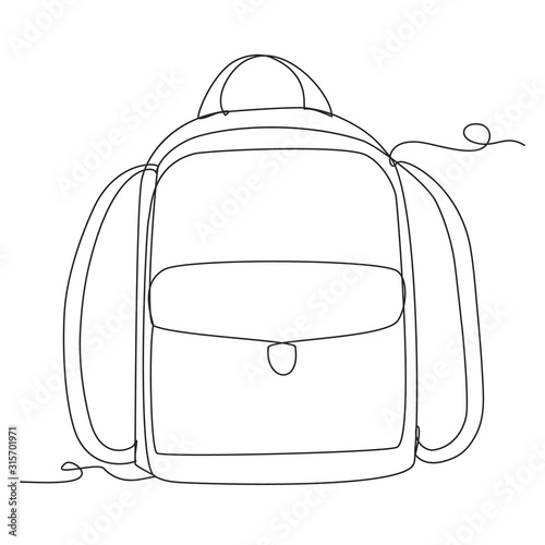 Backpack for school children, travelers and tourists one line drawing on white isolated background