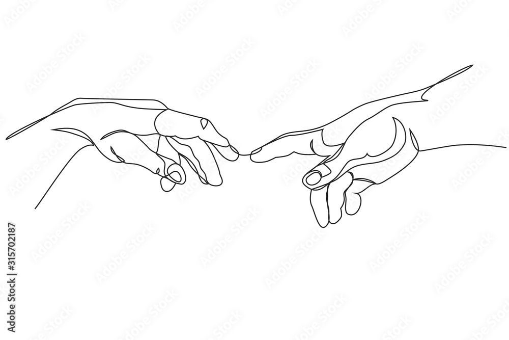 Adam and God hands one line drawing on white isolated background