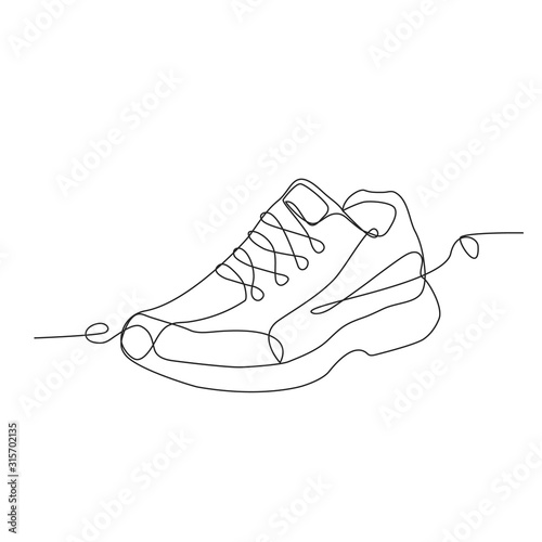 Sneakers with lacing one line drawing on white isolated background