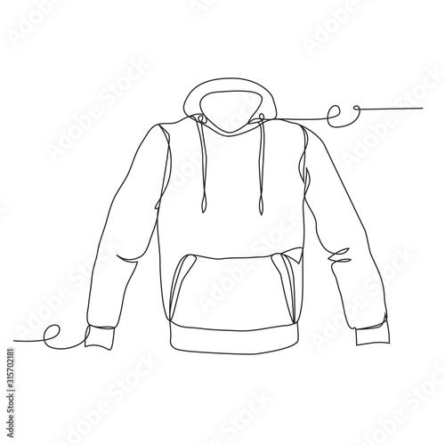 Sports sweatshirt with hood one line drawing on white isolated background