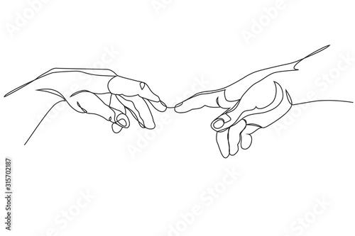 Fototapeta Adam and God hands one line drawing on white isolated background