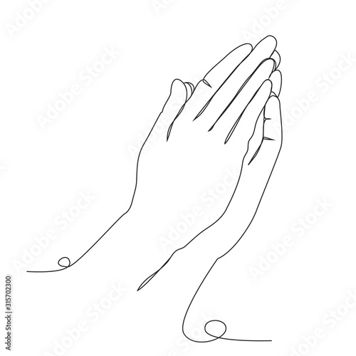 Hands folded in prayer one line drawing on white isolated background