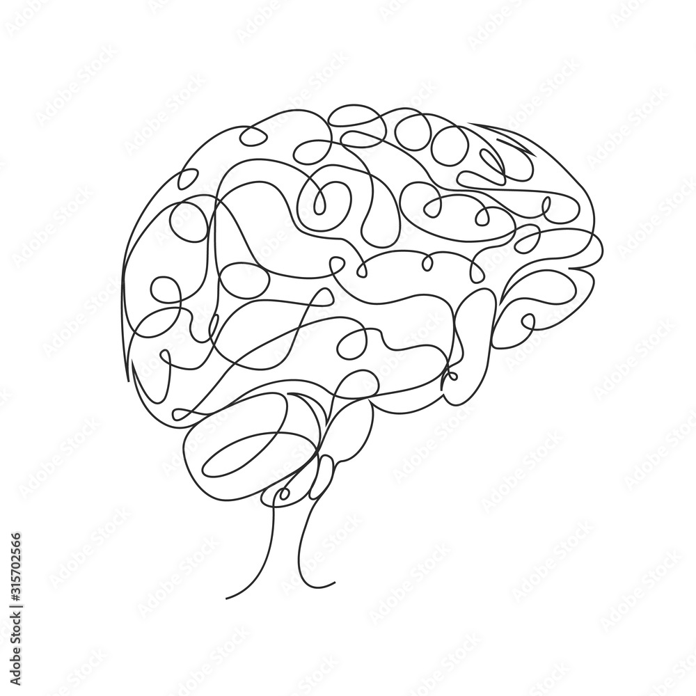 Human brain one line drawing on white isolated background Human brain one line drawing on white isolated background