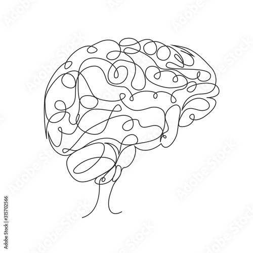 Human brain one line drawing on white isolated background