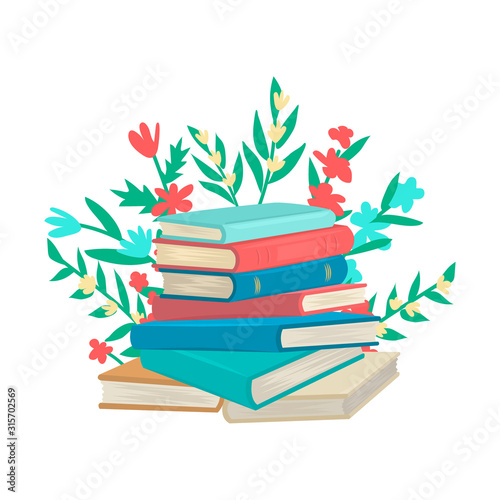A stack of books or textbooks. Flowers around. Cartoon flat style character on white background