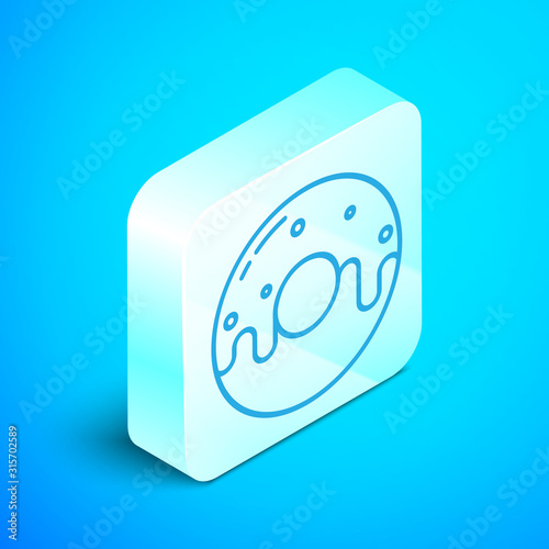 Isometric line Donut with sweet glaze icon isolated on blue background. Silver square button. Vector Illustration