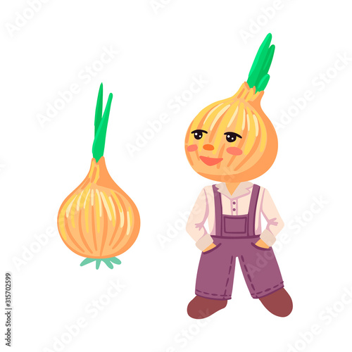 Chippolino. Onion head, a boy with a bow instead of a head. Bulb with green onions. Vector illustration