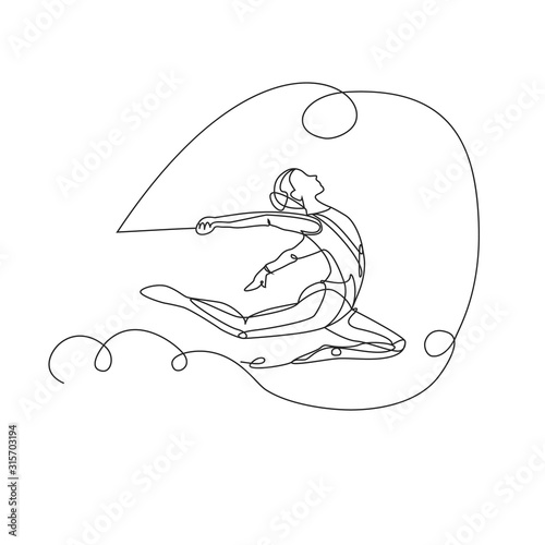 Rhythmic gymnast one line drawing on white isolated background. 