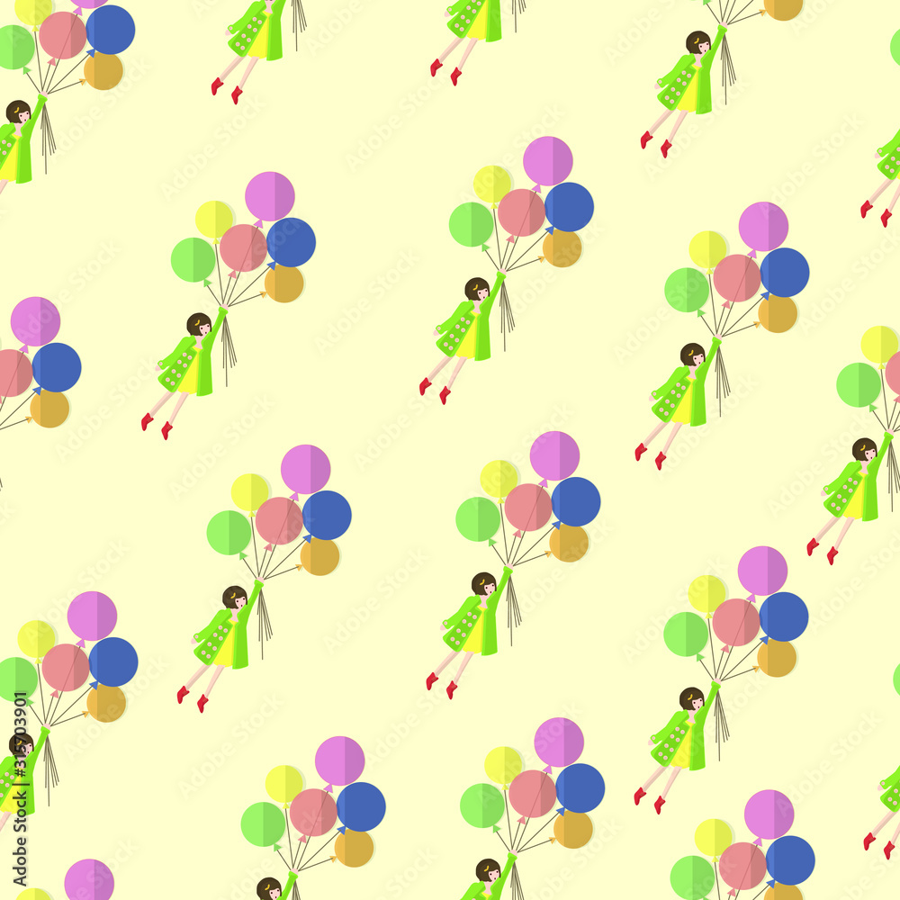  Illustration with a girl in a green coat with balls. Pattern. For background, postcards, poster, fabric.