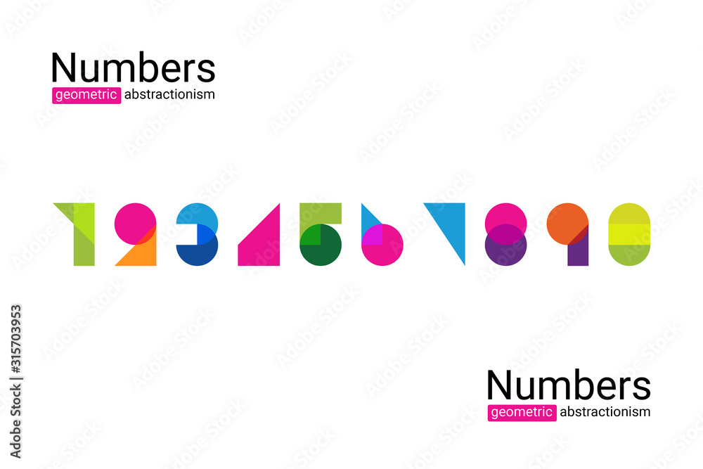 Set of colourful ten numbers form zero to nine, number flat design, geometric abstractionism, suprematism.