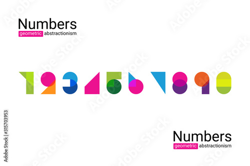 Set of colourful ten numbers form zero to nine, number flat design, geometric abstractionism, suprematism. photo