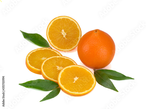 Orange fruits with leaves isolated on white background