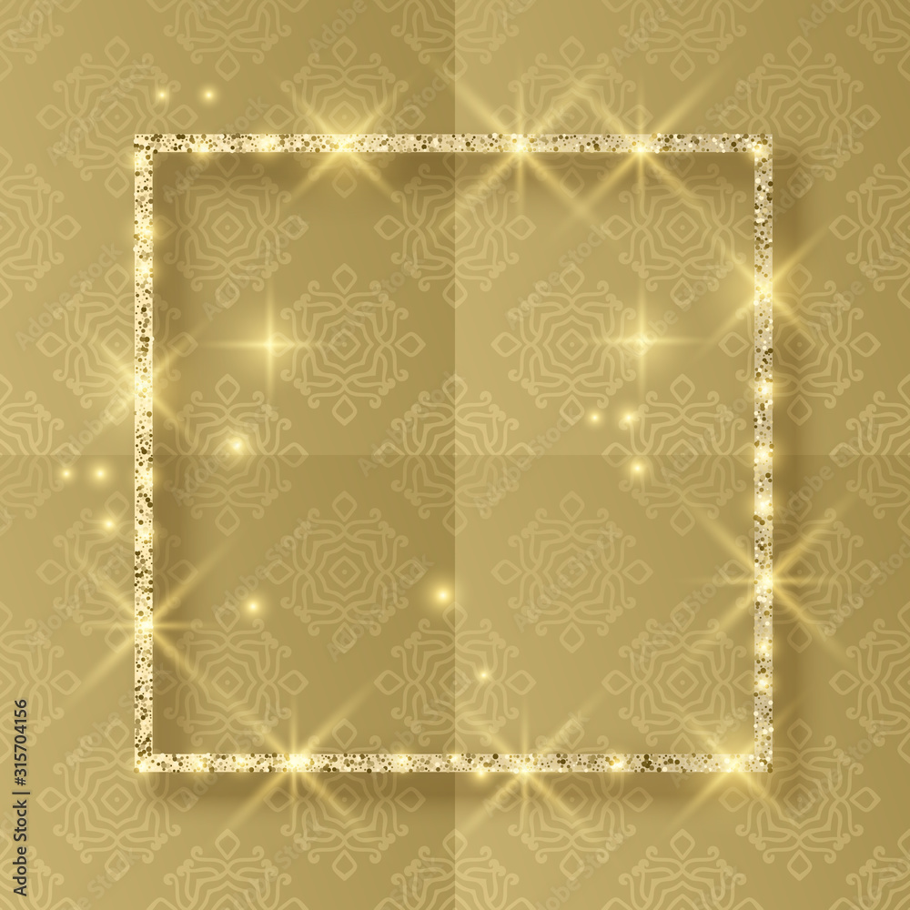 Gold square frame with gold glitter, element for your design, fashion glowing square border with magic sparkles. Can be used for postcards, banner, flyers, vector illustration