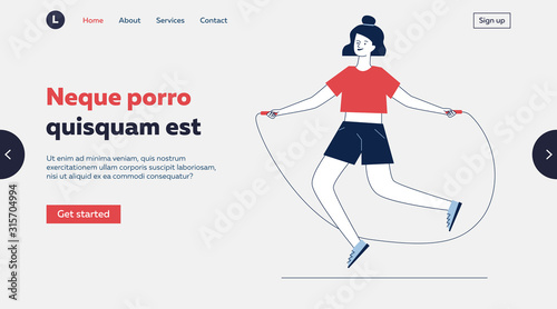 Sporty girl warming up before training jumping rope. Woman jumping rope flat vector illustration. Lifestyle, exercise, cardio training concept for banner, website design or landing web page