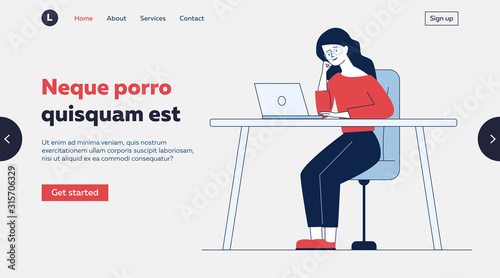 Tired woman using laptop at desk. Professional or expert consulting online flat vector illustration. Communication, workplace concept for banner, website design or landing web page