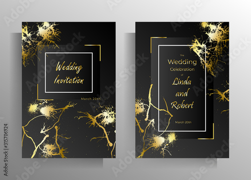 Design wedding invitation template set. Gold blots of paint on a black background are manually drawn. Vector 10 EPS.