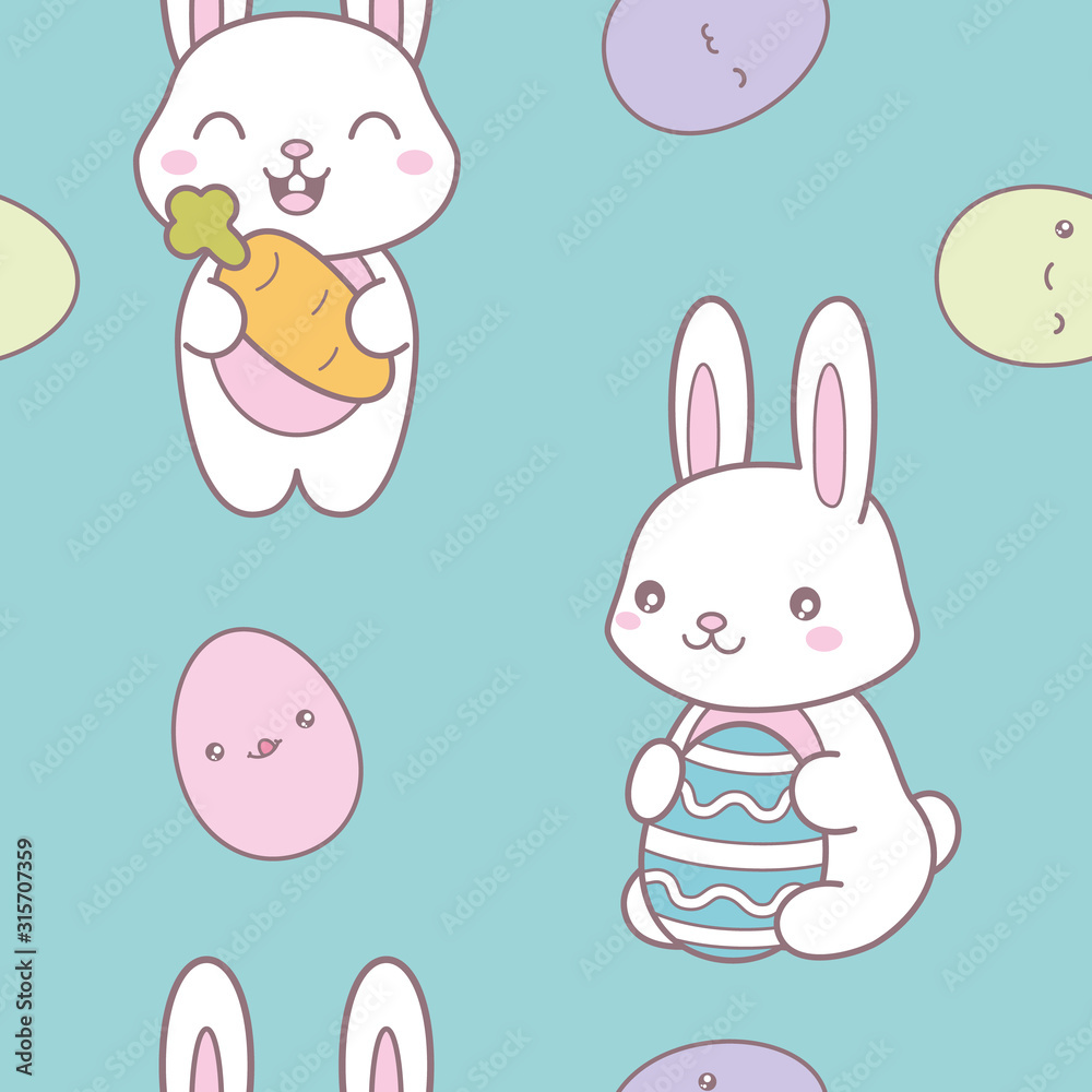 Kawaii easter seamless pattern with a cute bunny.