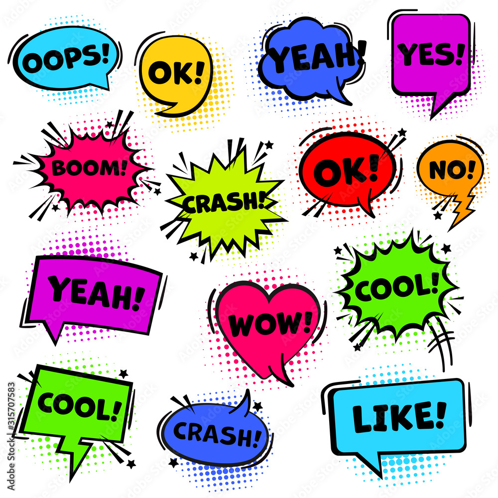 Set comic colorful book text speech bubble in pop art style. Vector illustration