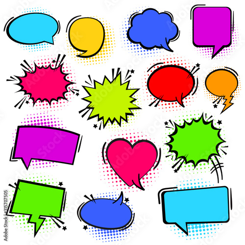 Set comic colorful book text speech bubble in pop art style. Vector illustration
