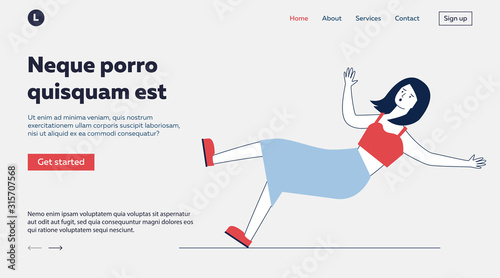 Scared woman slipping on wet floor. Cartoon female character falling on ground flat vector illustration. Alert, caution, hazard concept for banner, website design or landing web page