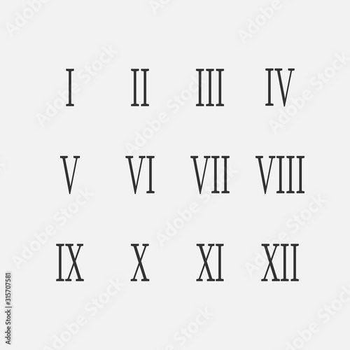 Set of roman numbers for watches isolated on a white background. 