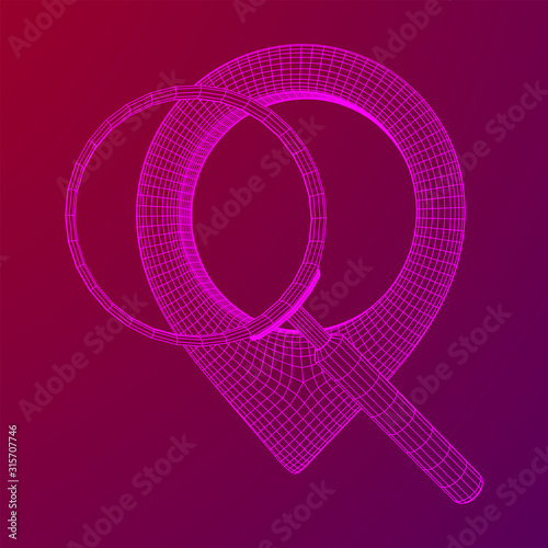 Location pin geo mark icon for travel with magnifying glass. Search path navigator concept. Wireframe low poly mesh vector illustration