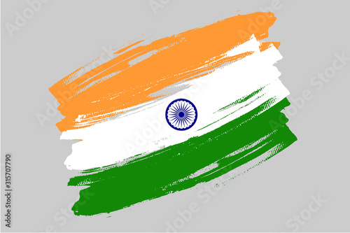 Republic of India flag. Indian tricolor brush concept. Horizontal vector grunge Illustration isolated on gray background.  