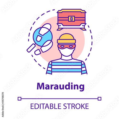 Marauding concept icon. Treasure hunting. Muggery, burglary. Search for treasure. Theft of valuable antiques idea thin line illustration. Vector isolated outline drawing. Editable stroke