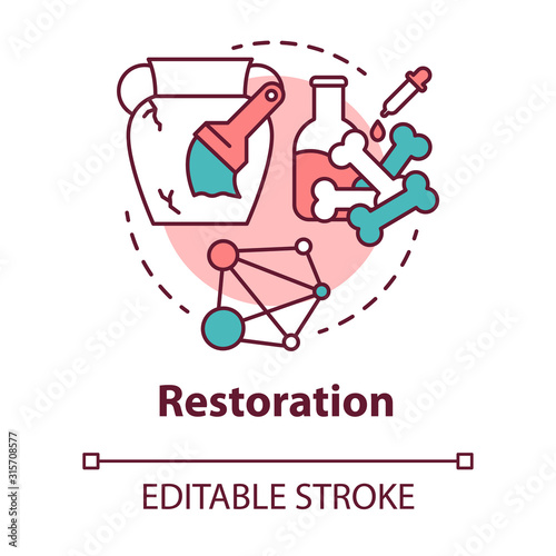 Restoration concept icon. Laboratory analysis archeological artifacts. Prehistoric remains study. History reconstruction idea thin line illustration. Vector isolated outline drawing. Editable stroke