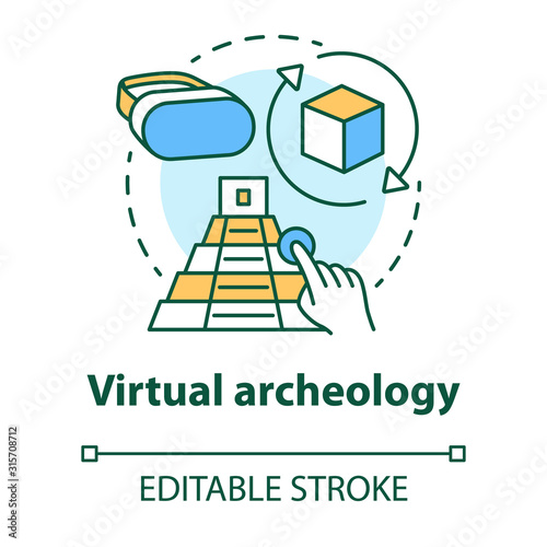 Virtual archeology concept icon. Computer simulations of cultural sights. Modeling and visualization of historic monuments idea thin line illustration. Vector isolated outline drawing. Editable stroke