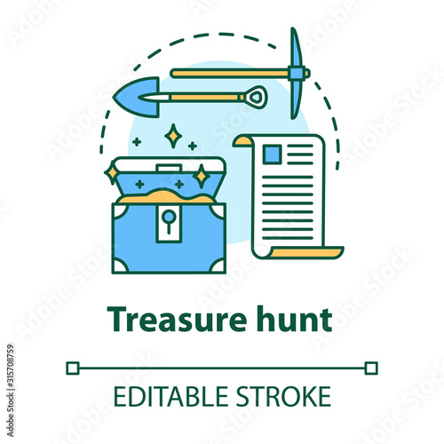 Treasure hunt concept icon. Arheological expedition. Historical research. Search and excavation of ancient antique chest idea thin line illustration. Vector isolated outline drawing. Editable stroke