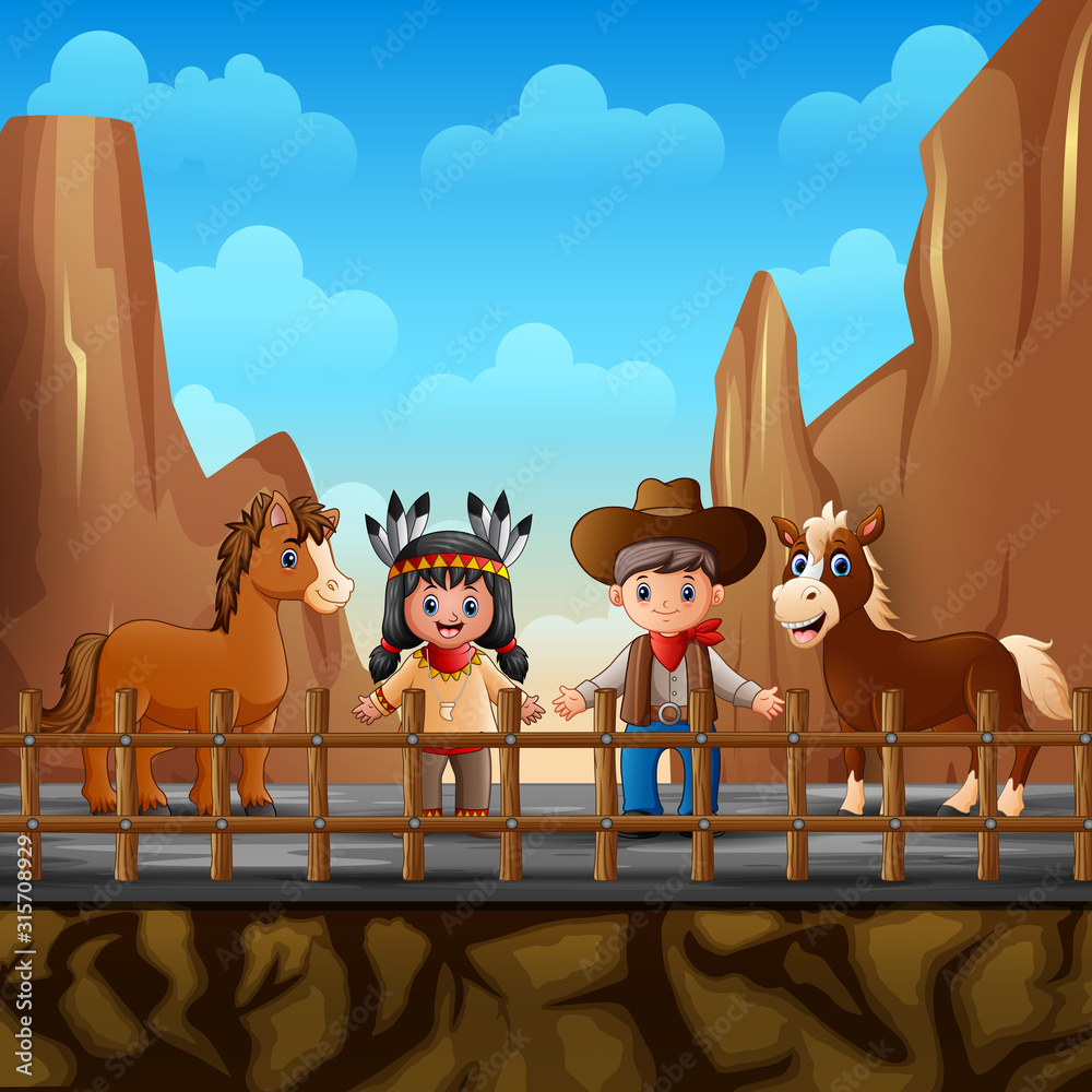 Fototapeta premium Cowboy with indian girl and horse at the desert