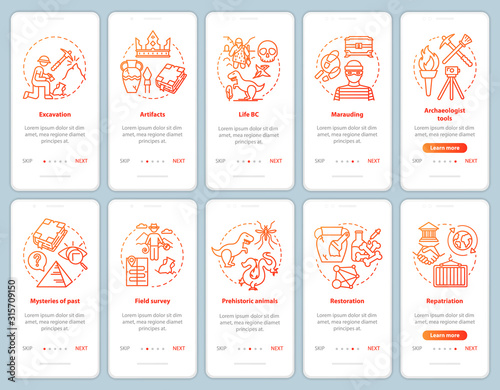 Archeology onboarding mobile app page screen vector template set. Search and protection fossil artifacts. Walkthrough website steps with linear illustrations. UX, UI, GUI smartphone interface concept