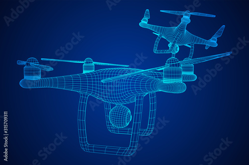 Remote control air drone. Dron flying with action video camera. Wireframe low poly mesh vector illustration