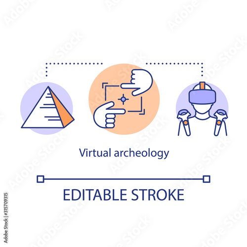 Virtual archeology concept icon. Computer modeling, visualization of historic monuments. Virtual travel ancient monuments idea thin line illustration. Vector isolated outline drawing. Editable stroke photo