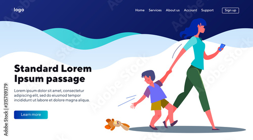 Son losing his toy walking with mother. Woman with boy hurrying flat vector illustration. Carelessness, gadget addiction concept for banner, website design or landing web page