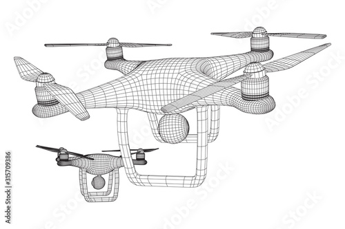 Remote control air drone. Dron flying with action video camera. Wireframe low poly mesh vector illustration